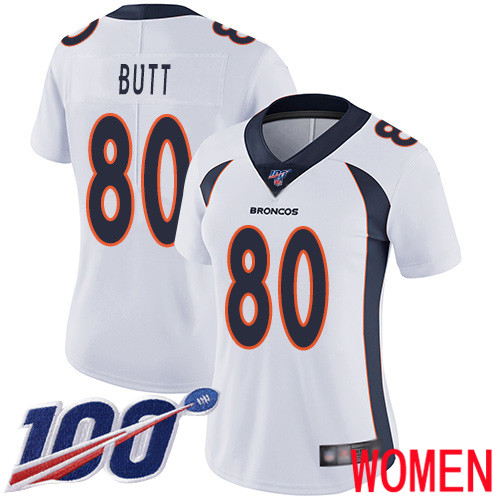 Women Denver Broncos #80 Jake Butt White Vapor Untouchable Limited Player 100th Season Football NFL Jersey->women nfl jersey->Women Jersey